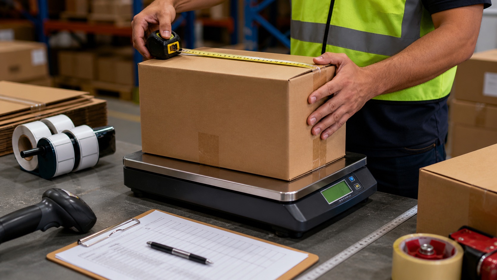 Warehouse team checking carton weight on a digital floor scale
