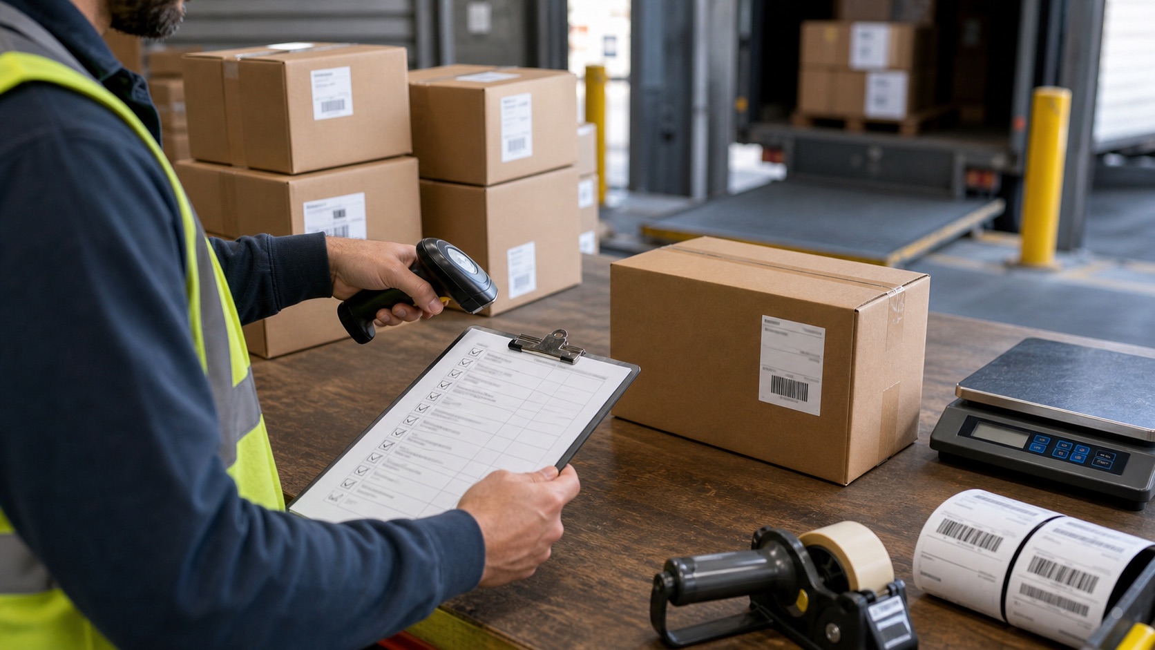 Operator checking a carton compliance scorecard before carrier pickup