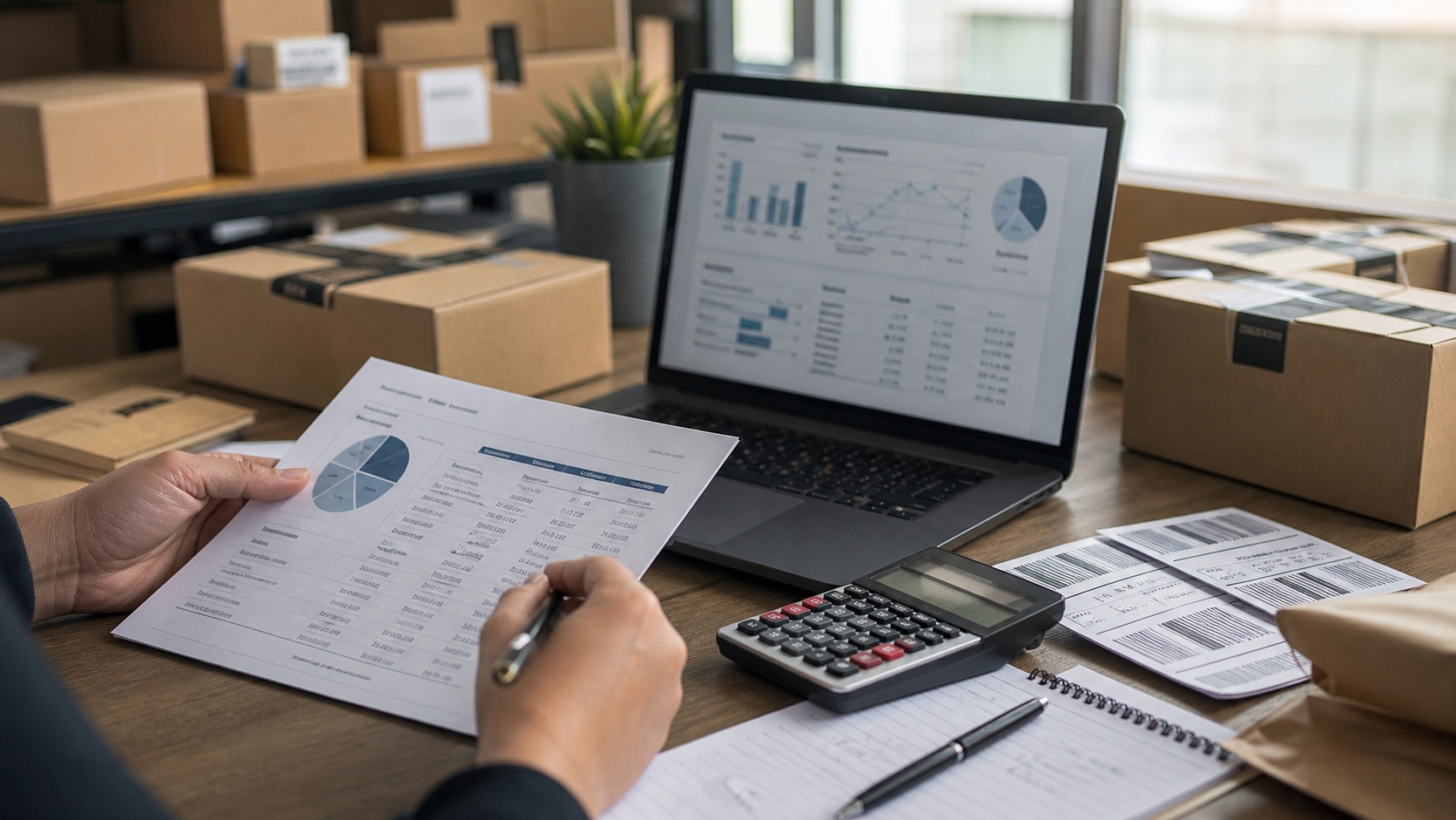 Operator reviewing FBA fee reports beside cartons and shipping labels