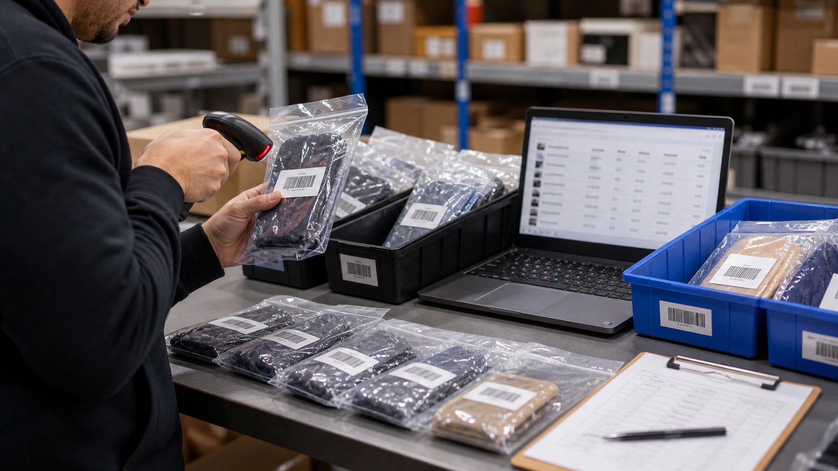 Operator scanning FNSKU-labeled units into separate warehouse bins