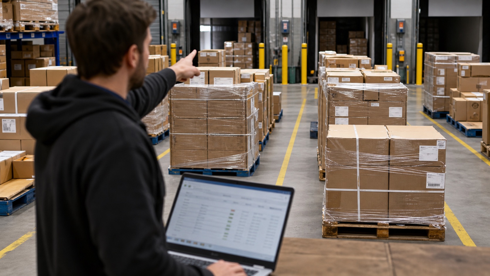 Warehouse staging area with grouped cartons for inbound FBA routing