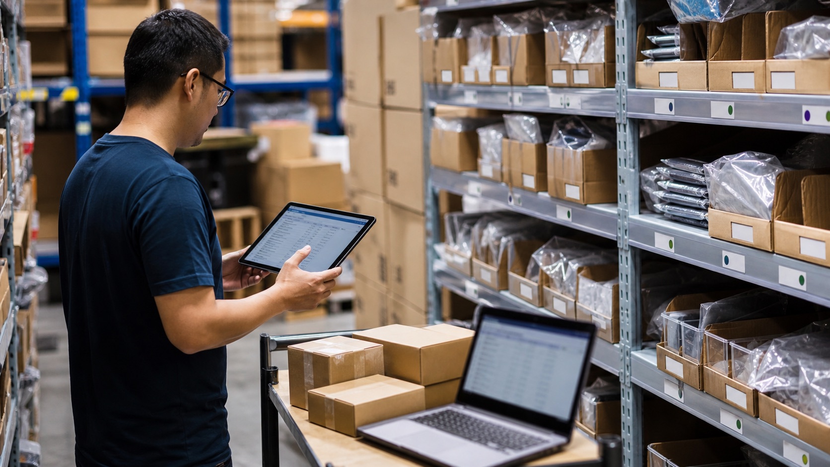 Operator checking inventory levels on a tablet beside warehouse shelves