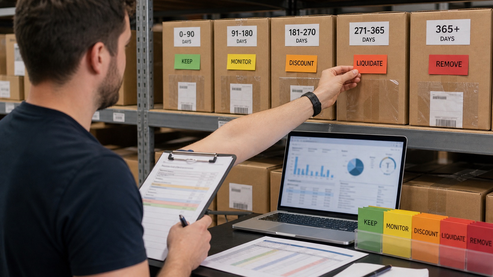 Operator tagging aged inventory cartons during an IPI health review