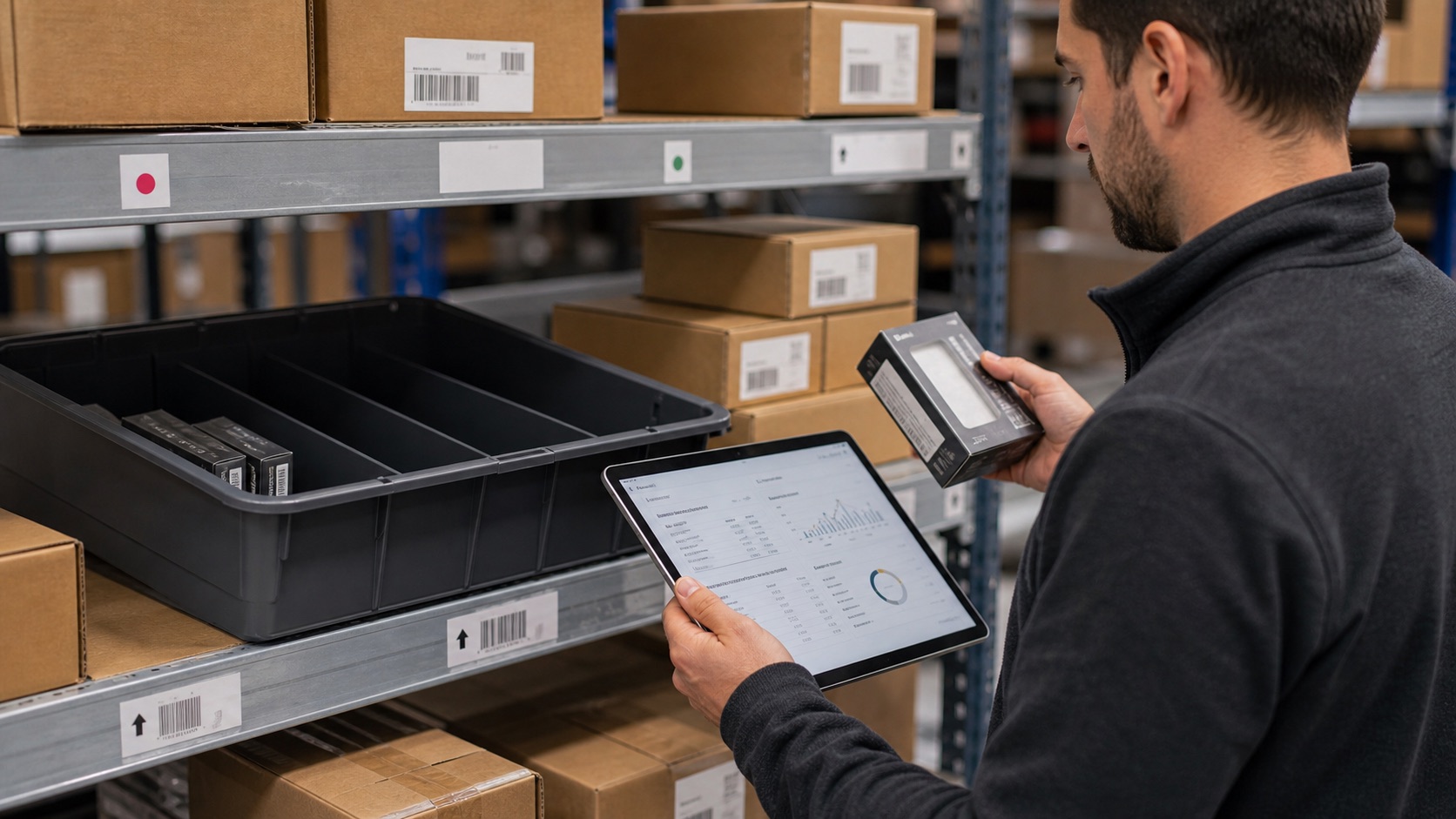 Operator counting remaining units on a nearly empty warehouse shelf