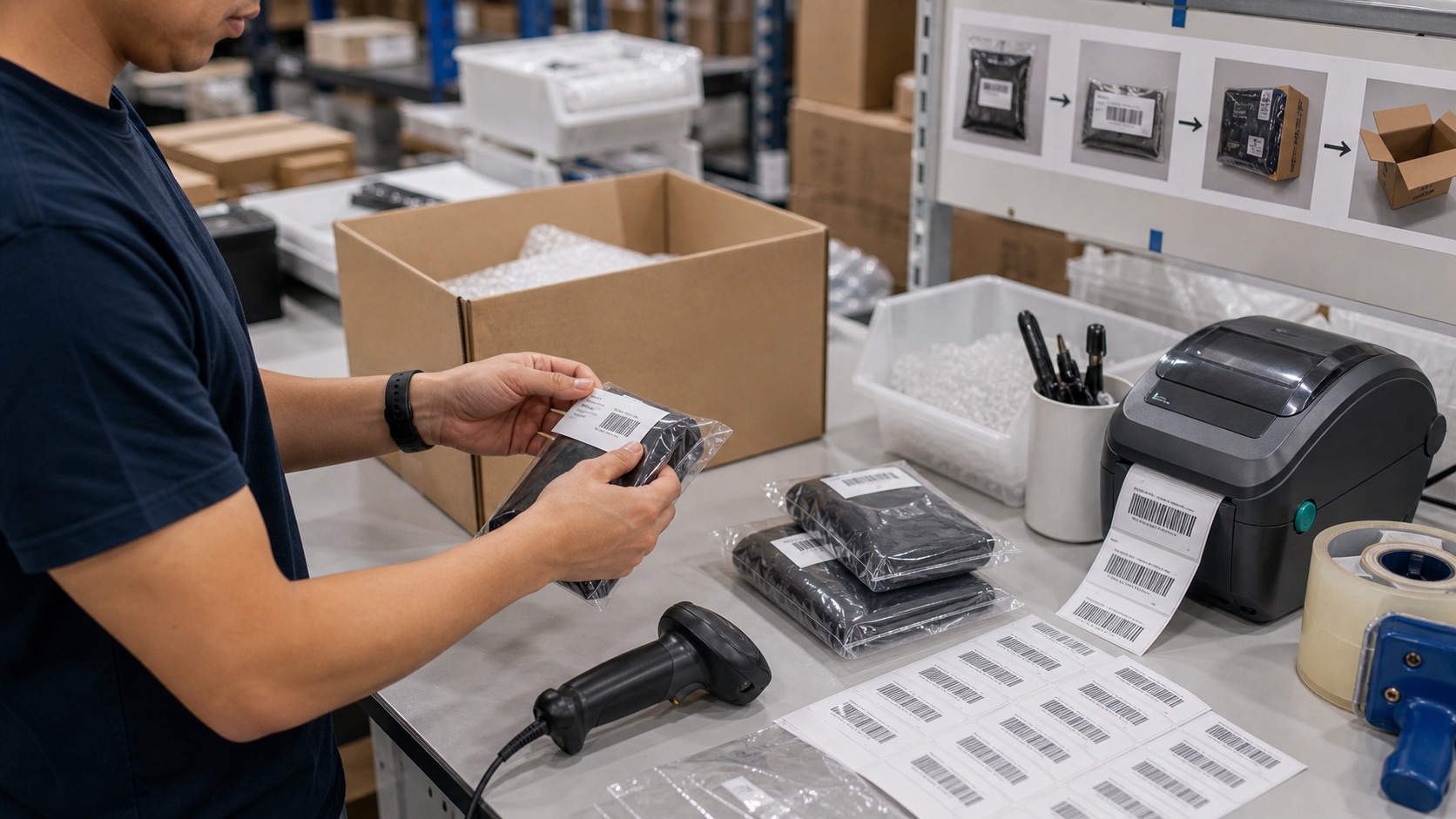 Operator applying barcode labels at an FBA prep and labeling station