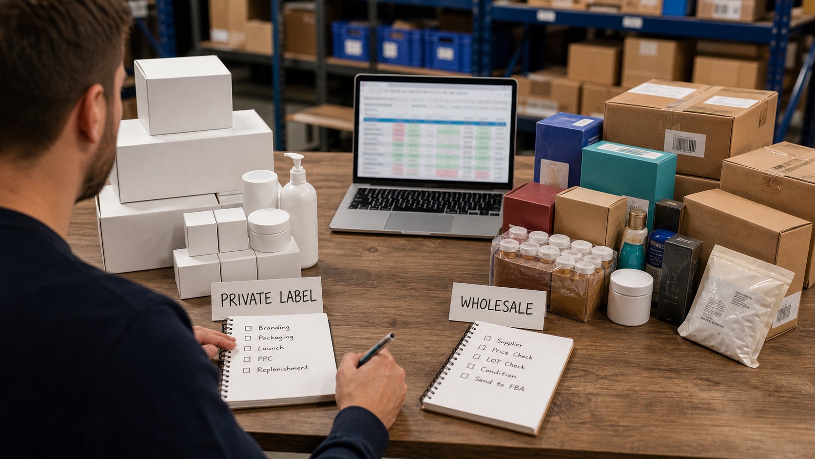 Operator comparing private-label boxes with mixed wholesale inventory lots