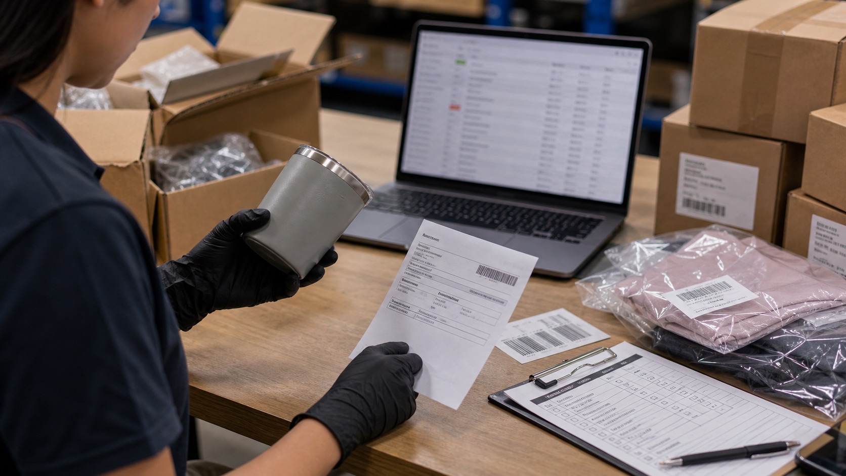 Operator inspecting a returned product beside refund paperwork