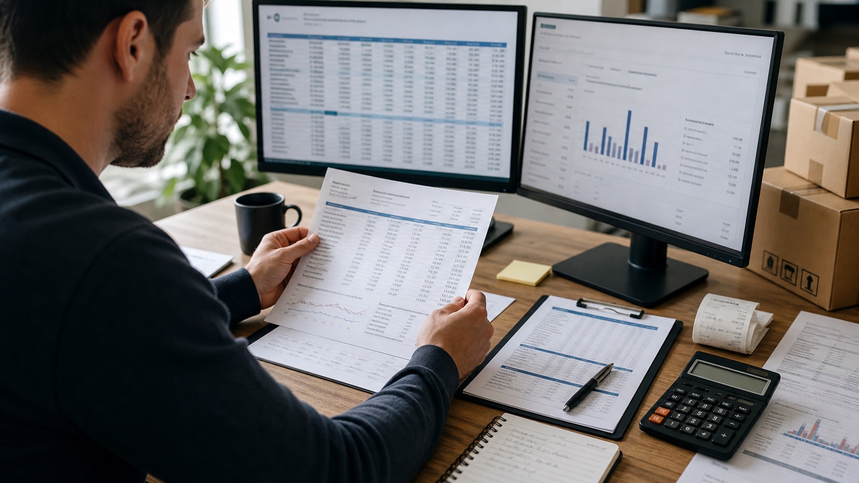 Operations manager comparing settlement reports with transaction data