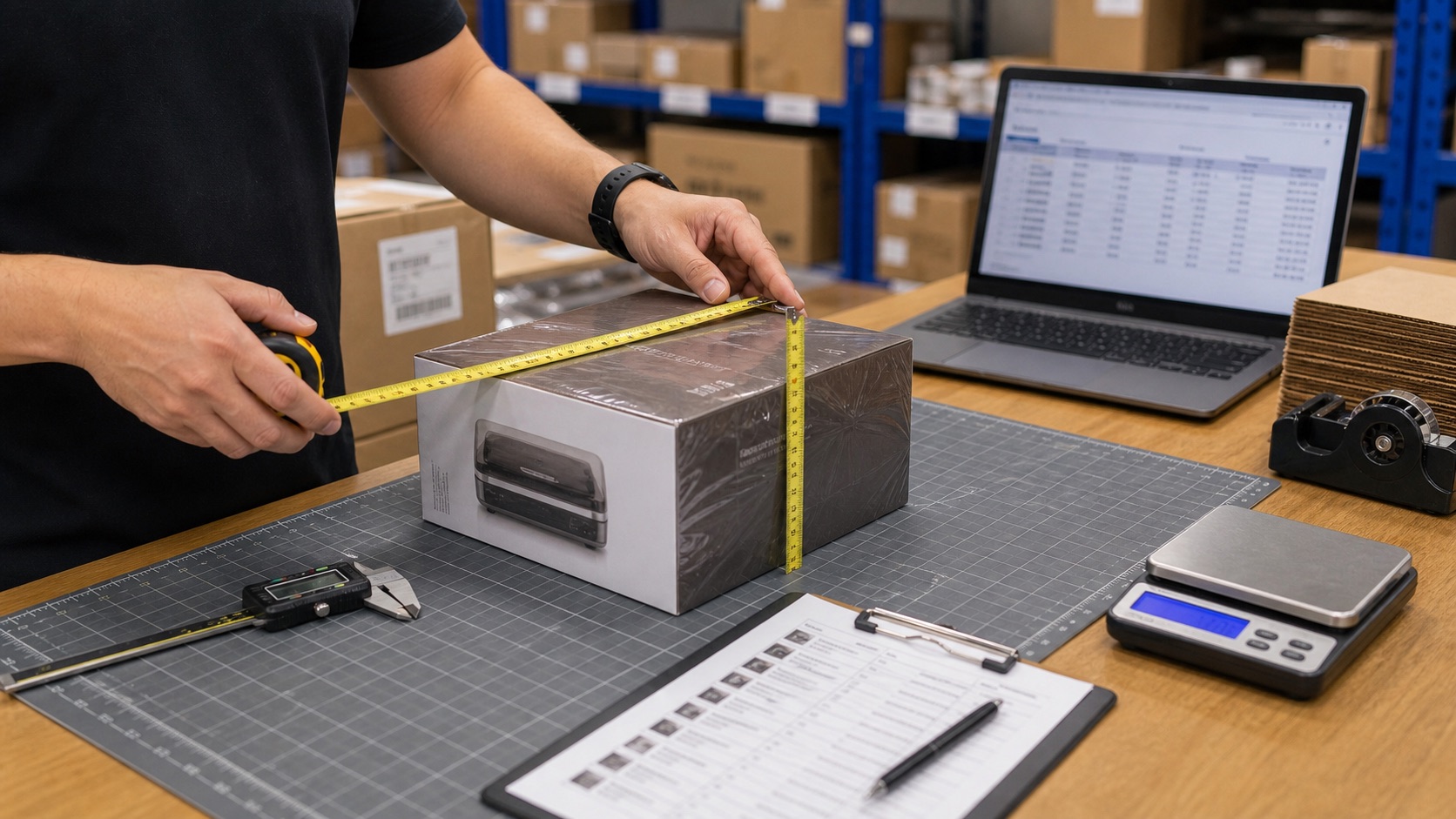 Operator measuring packaged product dimensions for an FBA size-tier audit
