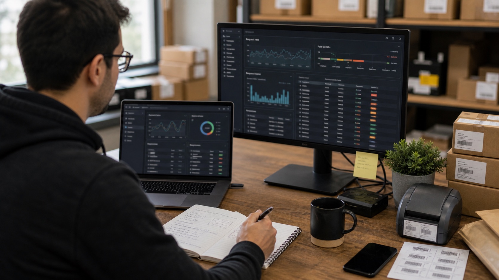Engineer reviewing marketplace API sync and rate-limit monitoring dashboards