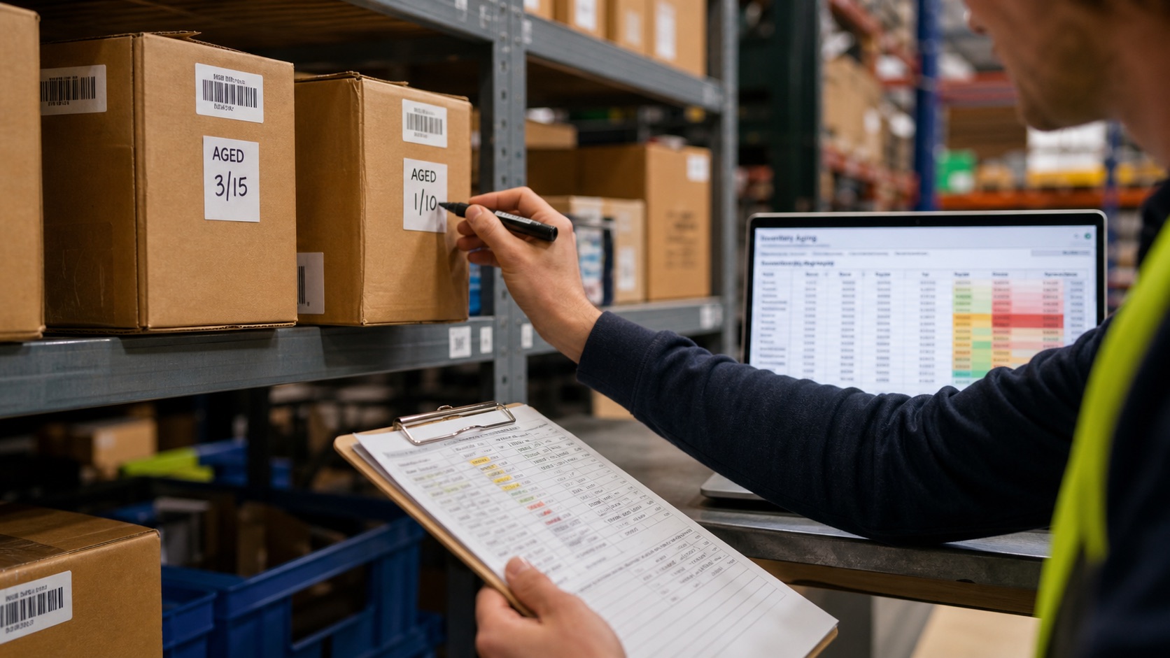 Warehouse operator reviewing aged inventory cartons and storage planning