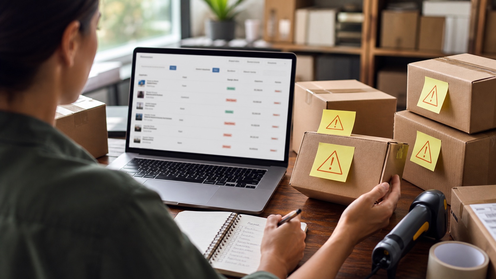 Operator reviewing stranded inventory items beside boxed products