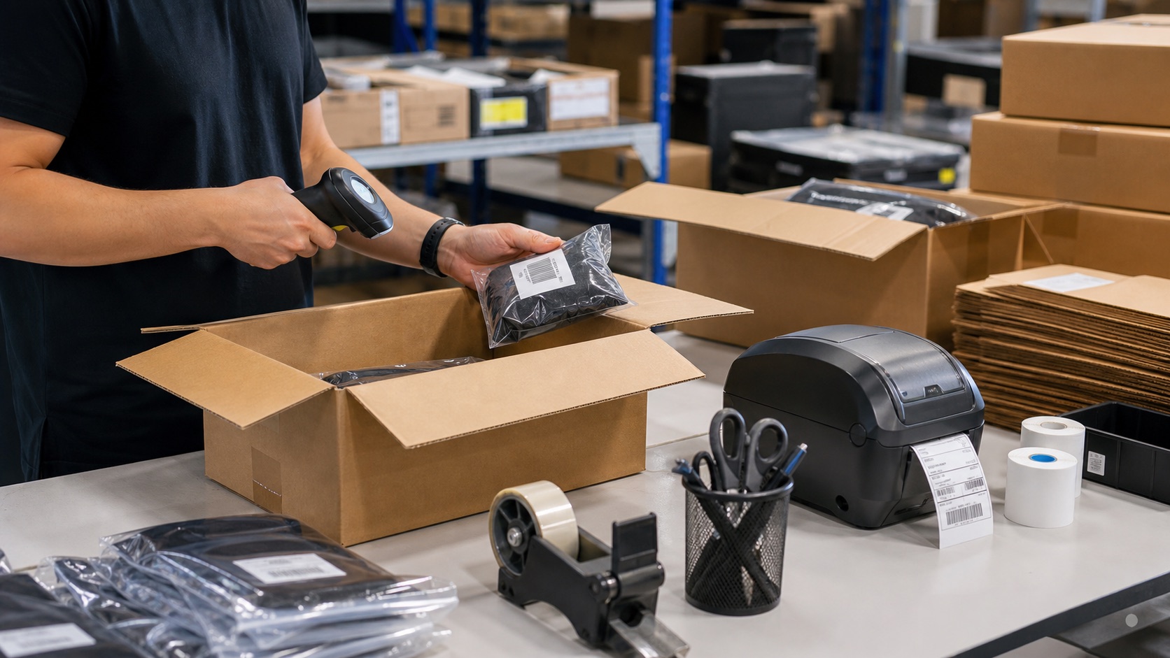 Warehouse operator scanning products into an FBA shipment carton